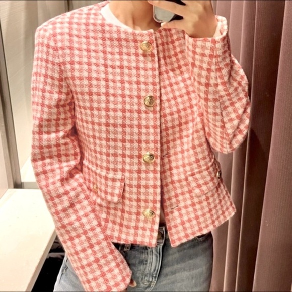 ZARA Coral Pink White Houndstooth Tweed Collarless Blazer - Picture 1 of 12